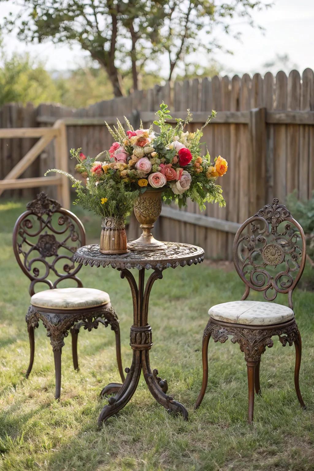 Vintage cast metal pieces bring nostalgic charm to outside gatherings.