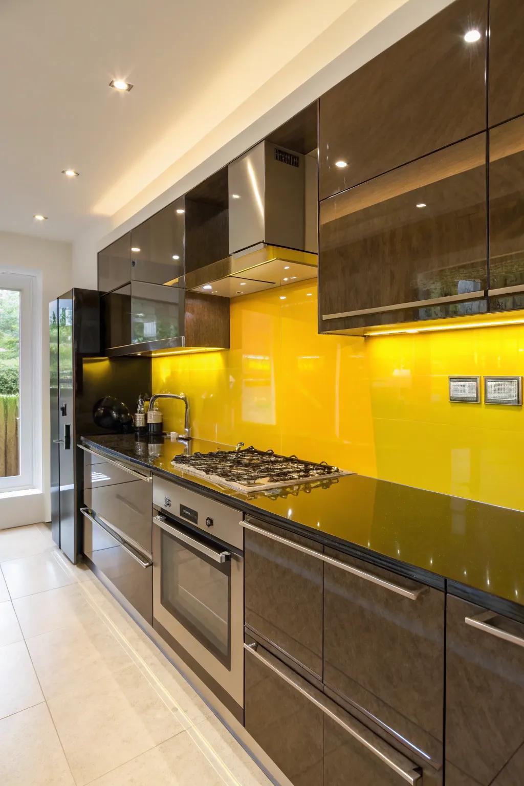 Yellow glass sheets create a sleek and glossy backsplash.