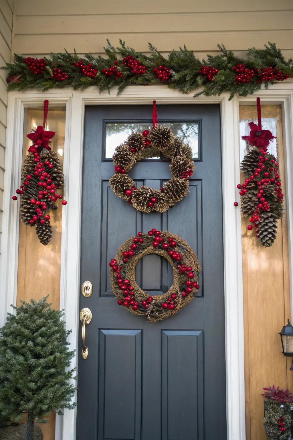 Triple the charm with a trio of rustic wreaths.