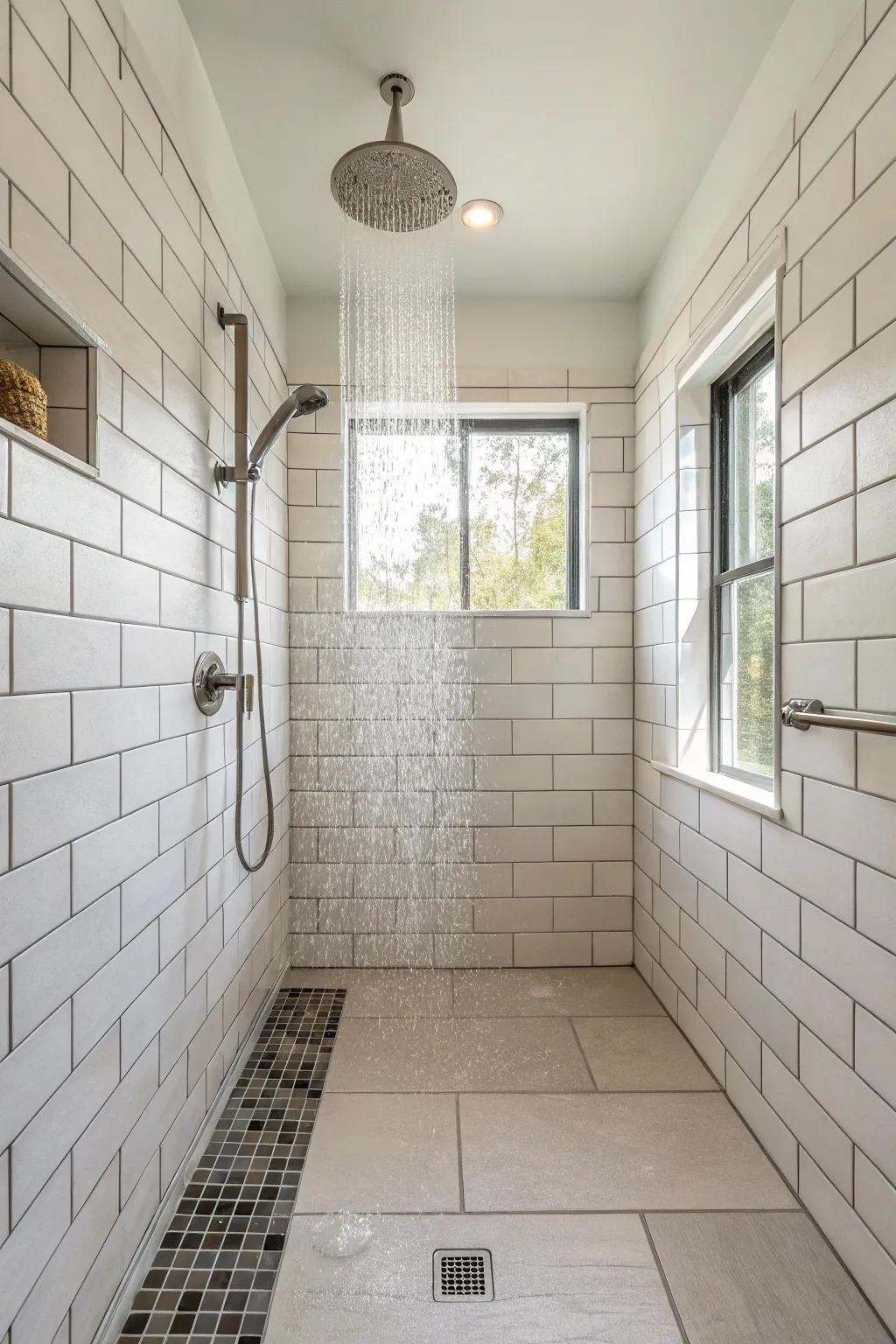 Enhance your shower's width with a horizontal tile layout.