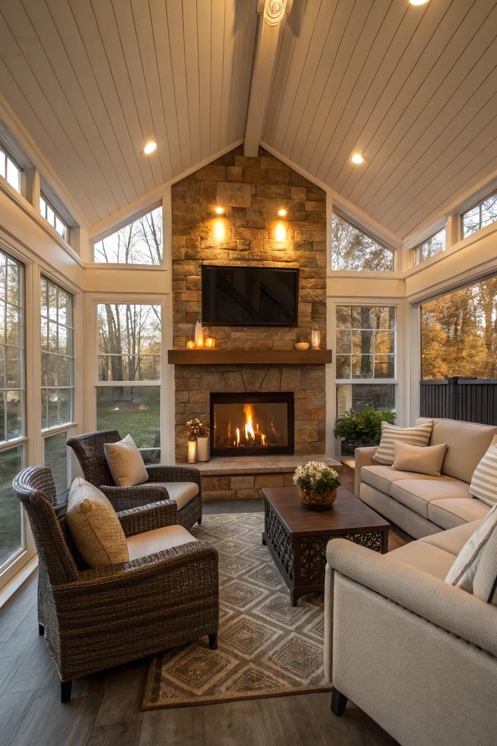 A fireplace adds warmth and charm.