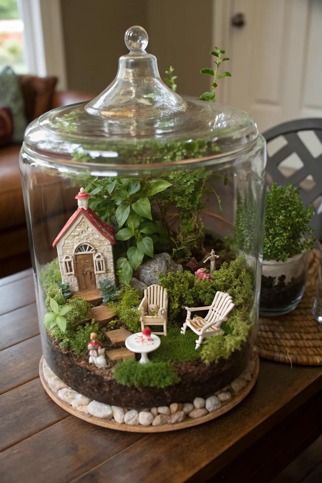 A whimsical fairy garden terrarium with charming details.