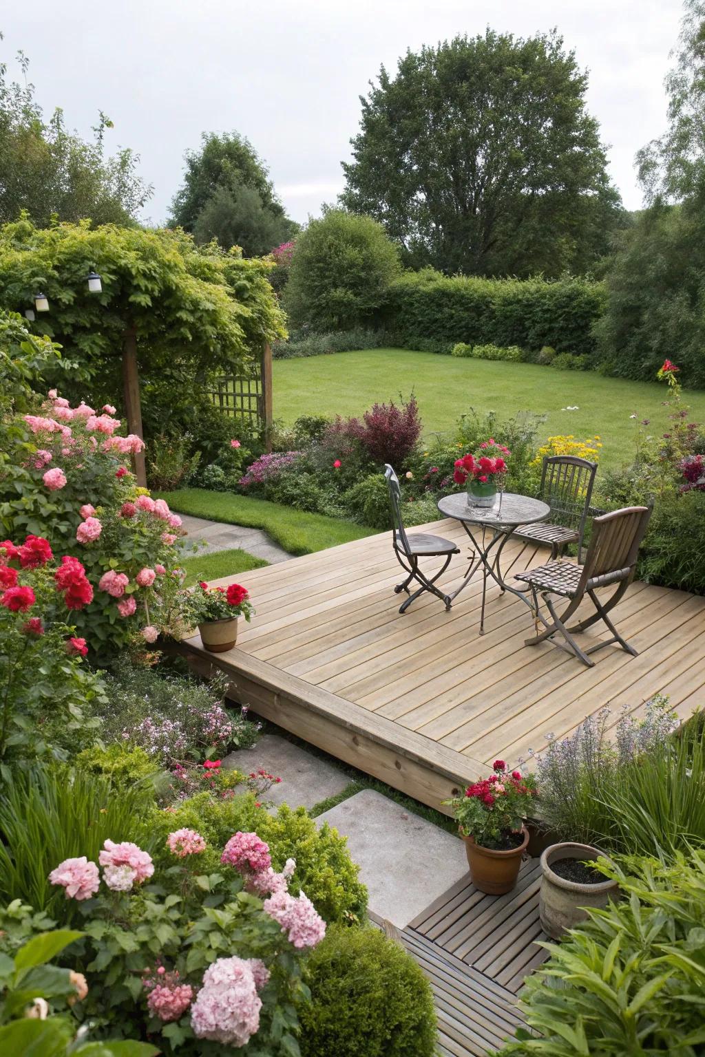 A deck exquisitely merged with a flourishing garden.