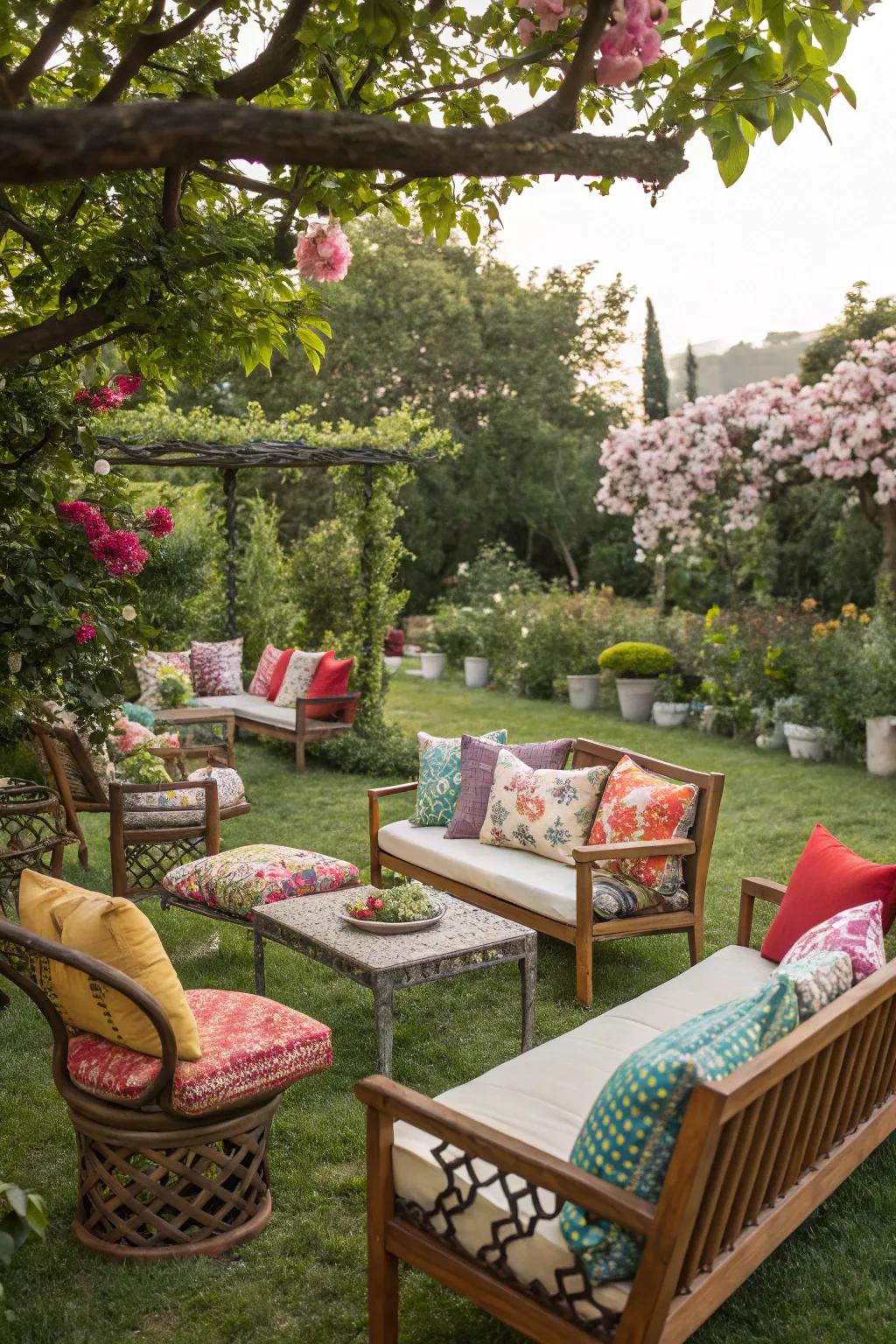 Cozy seating with vibrant cushions for a relaxed garden vibe.