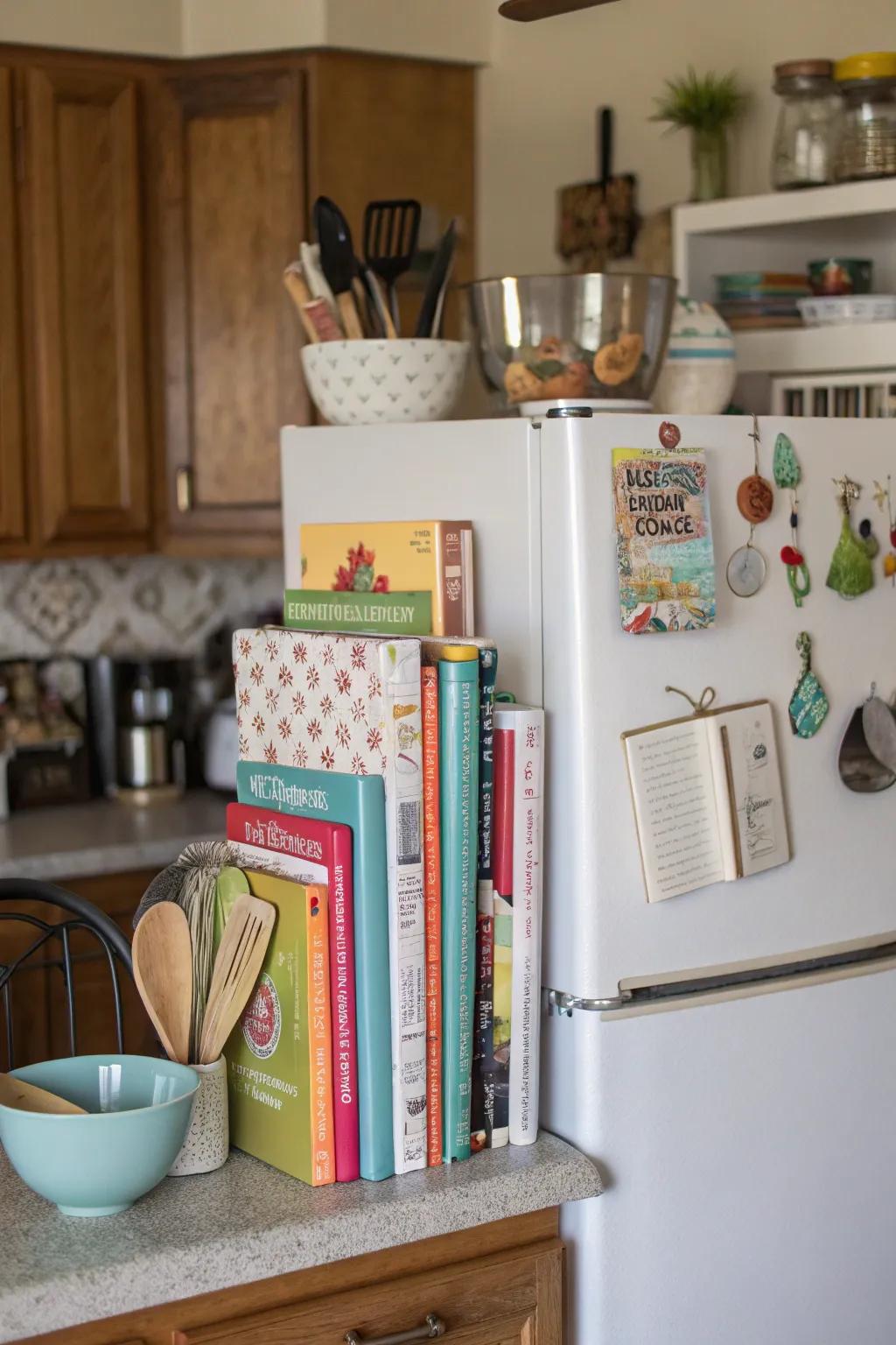 Combine style and practicality by displaying cookbooks and utensils.