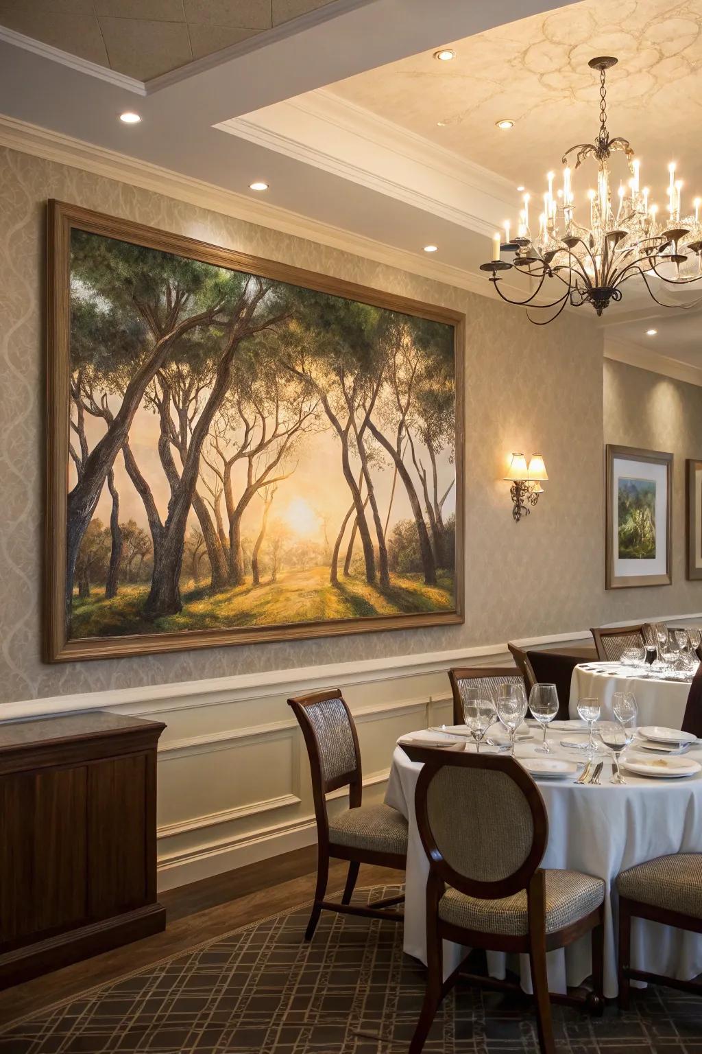 Abstract forest painting creating a whimsical dining atmosphere