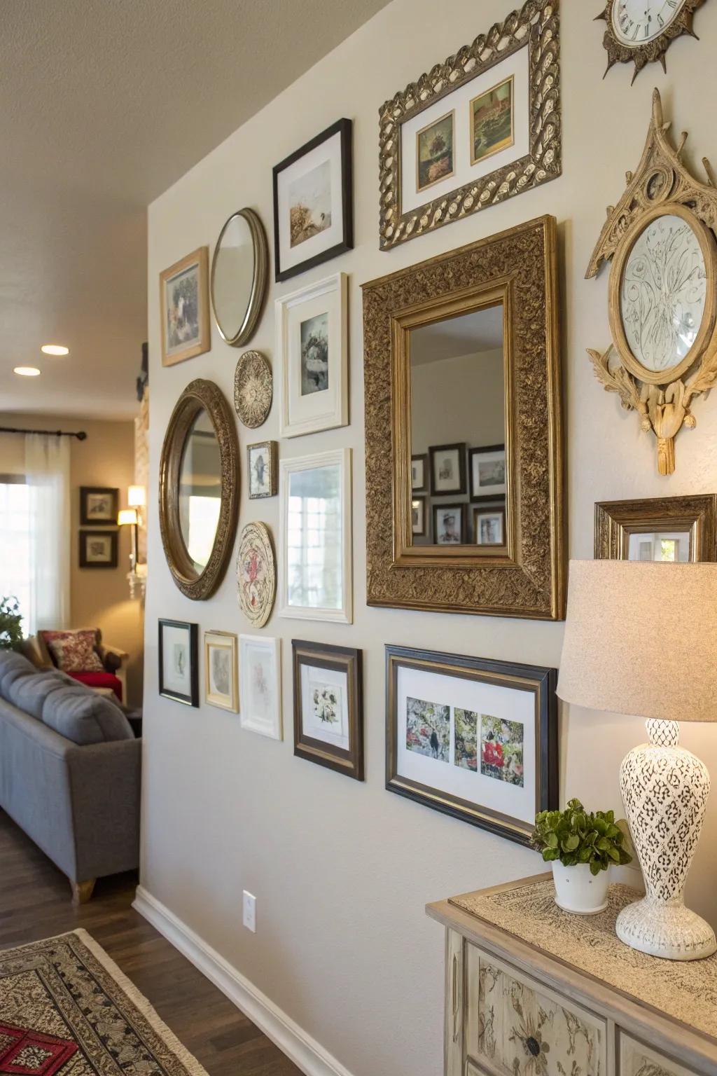 Create a stunning wall display with art and mirrors.