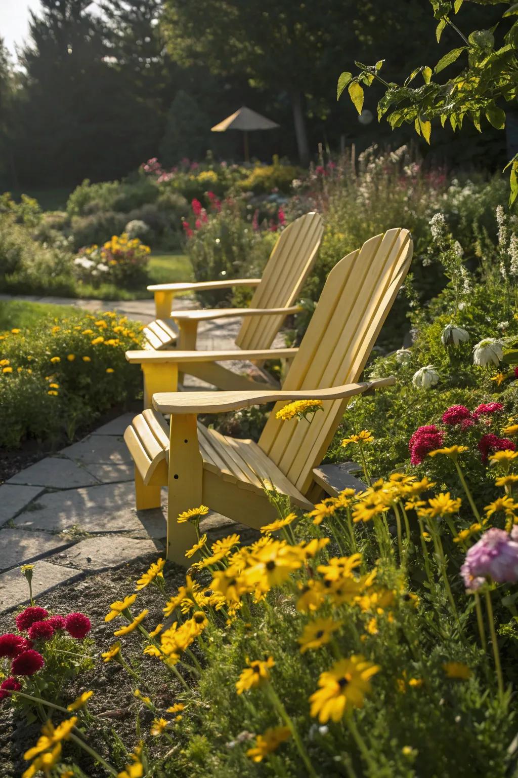 Sunny yellow chairs spreading cheer.