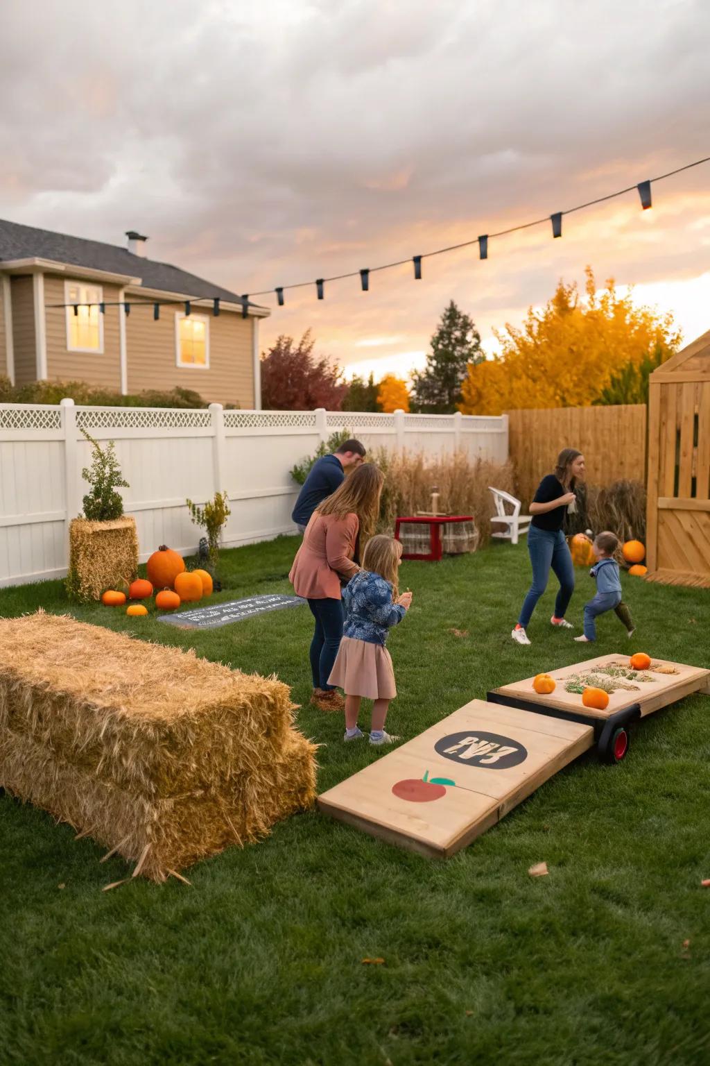 A backyard filled with fun harvest festival games.