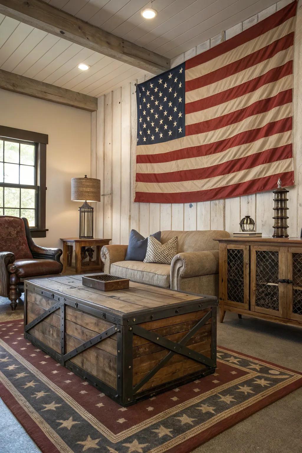 Rustic charm meets patriotism with a vintage flag centerpiece.