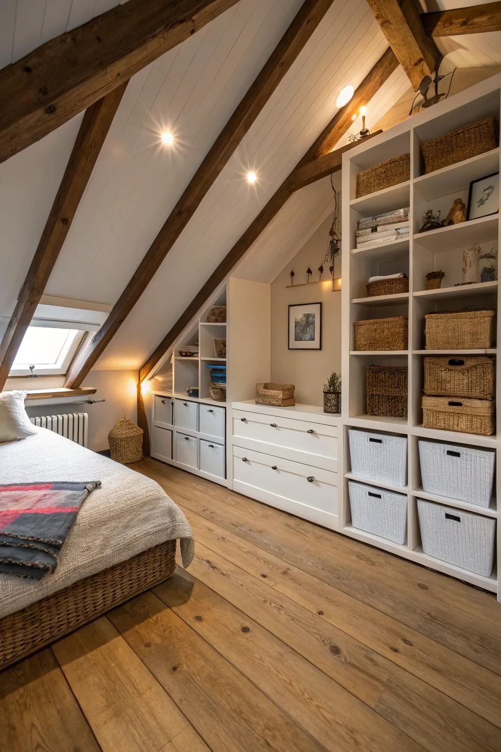 Integrated storage maximizes the practicality of your attic bedroom.