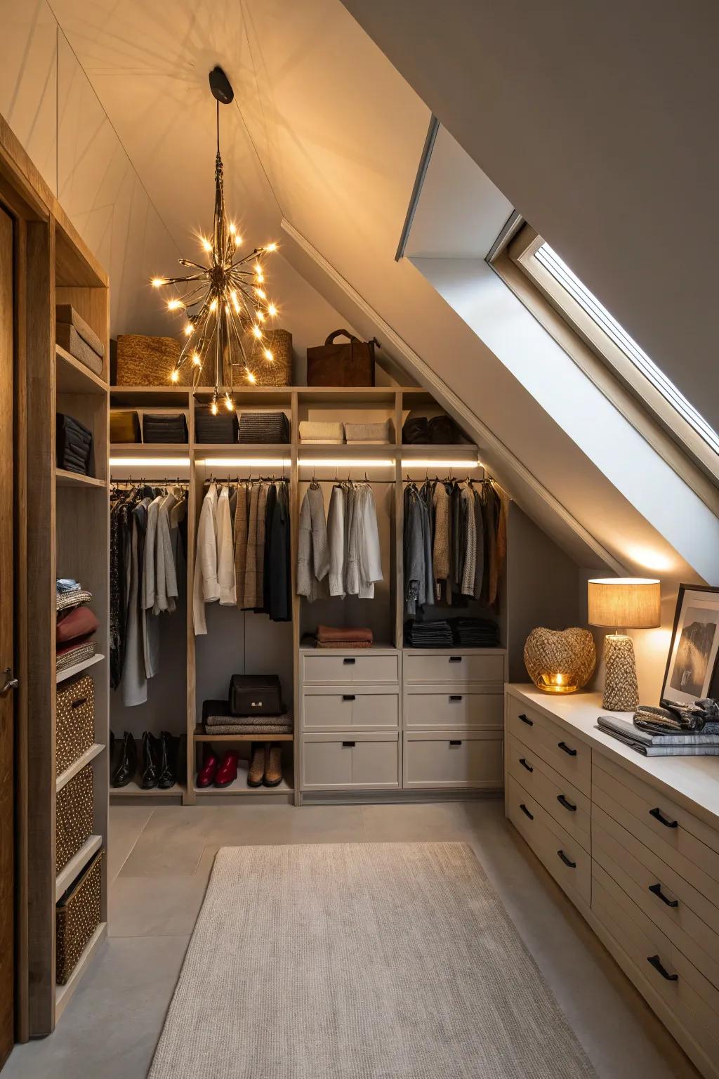 Correct lighting transforms a dim attic into a welcoming closet.