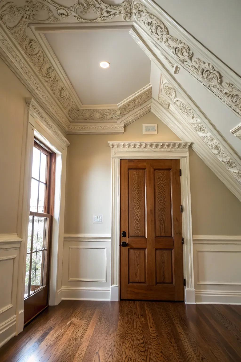 Crown molding imparts grandeur to attic doors.