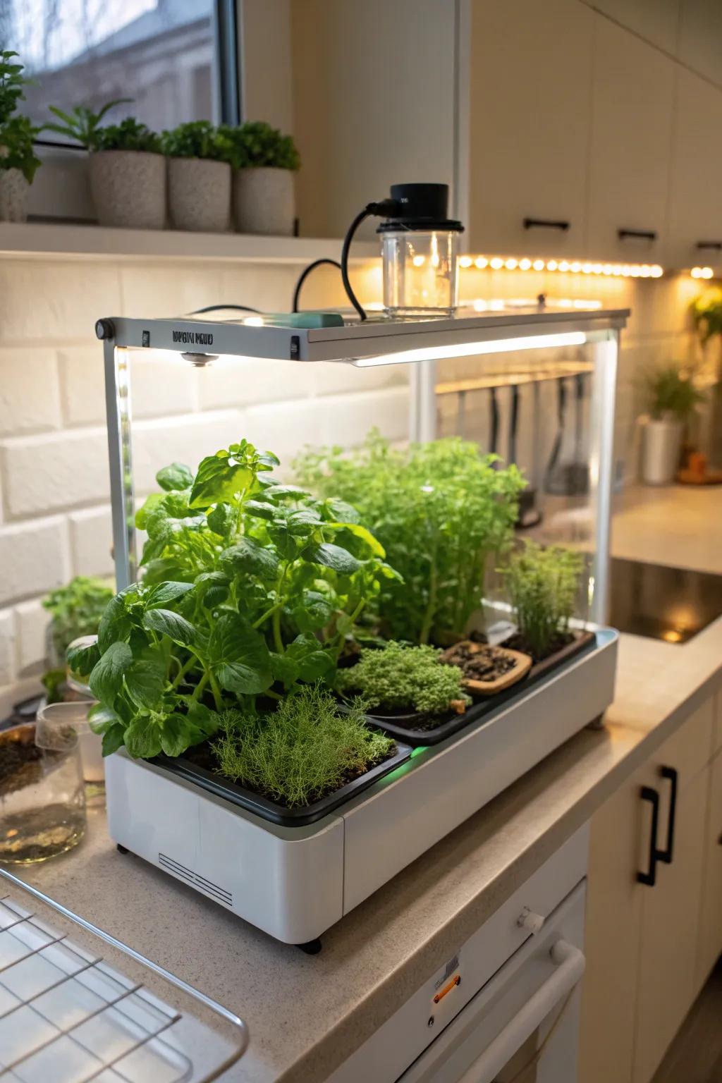 A tabletop greenhouse with built-in grow lights, perfect for growing herbs.