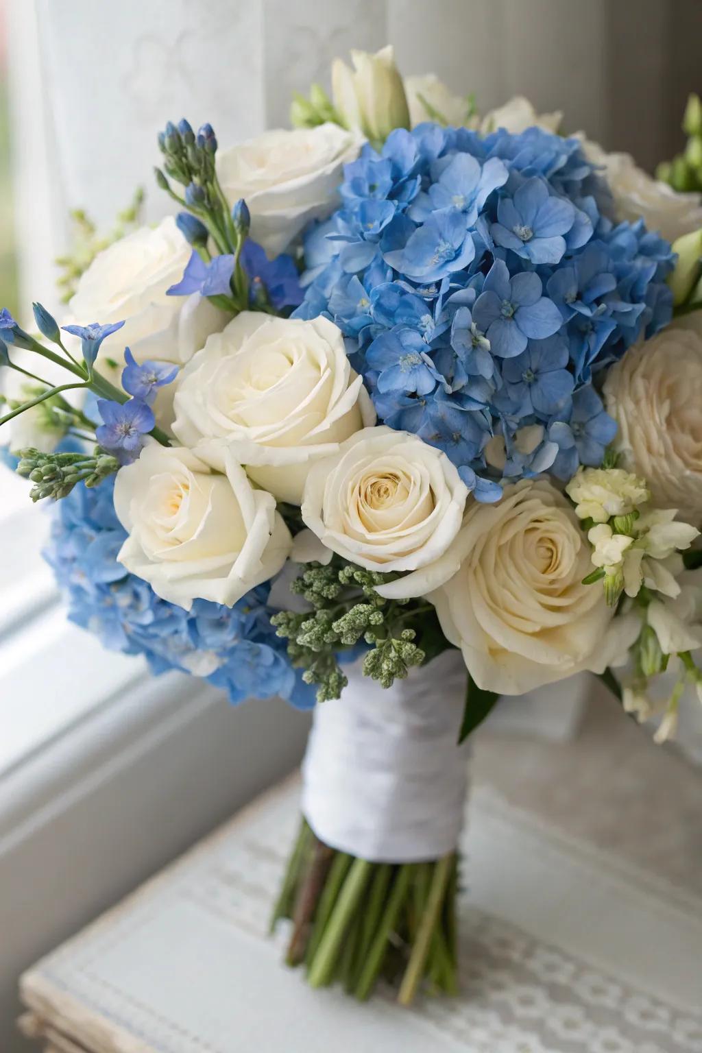 Blue hydrangeas add a pop of color to your wedding bouquets.