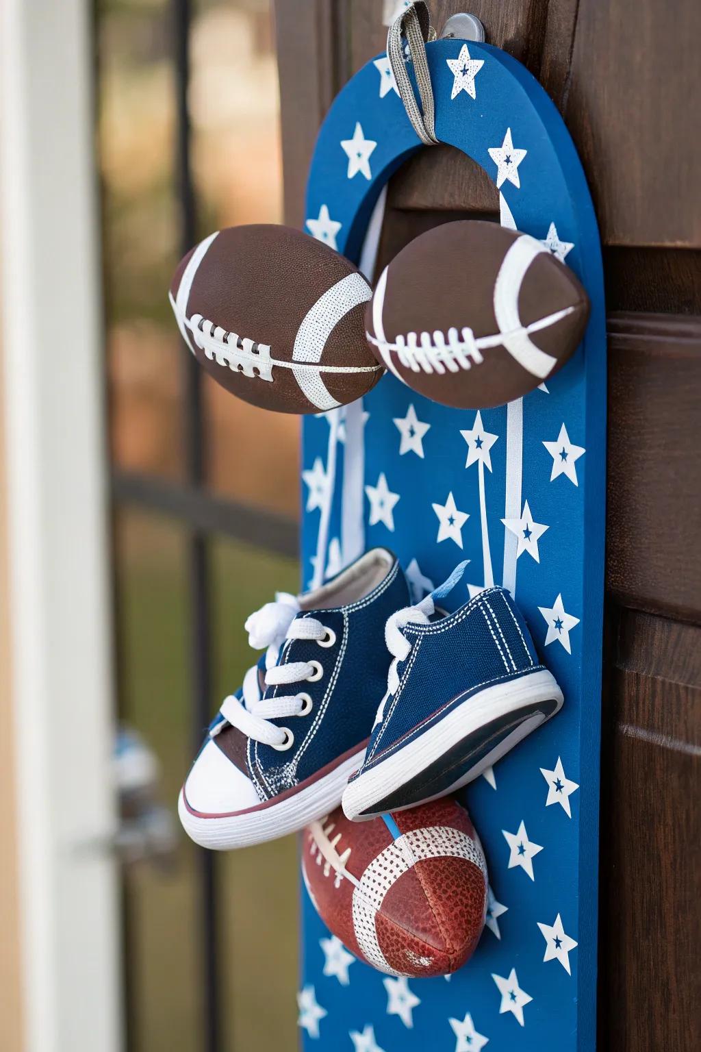 A playful sports-themed door hanger perfect for a budding athlete.