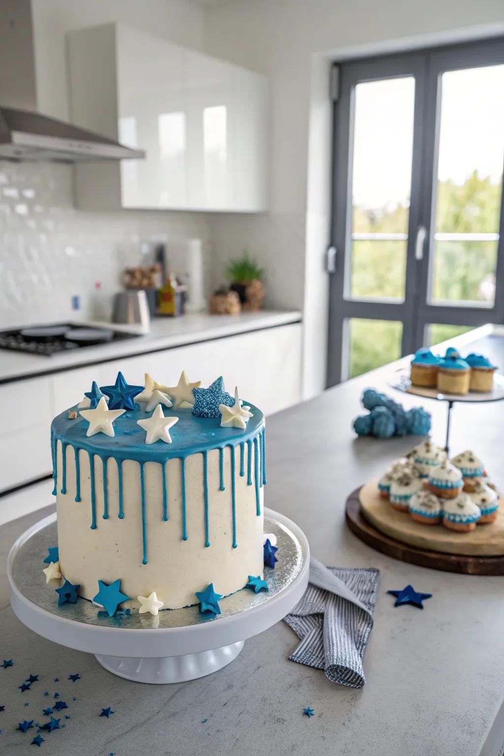 Trendy drip cake with blue candy melts and edible stars.