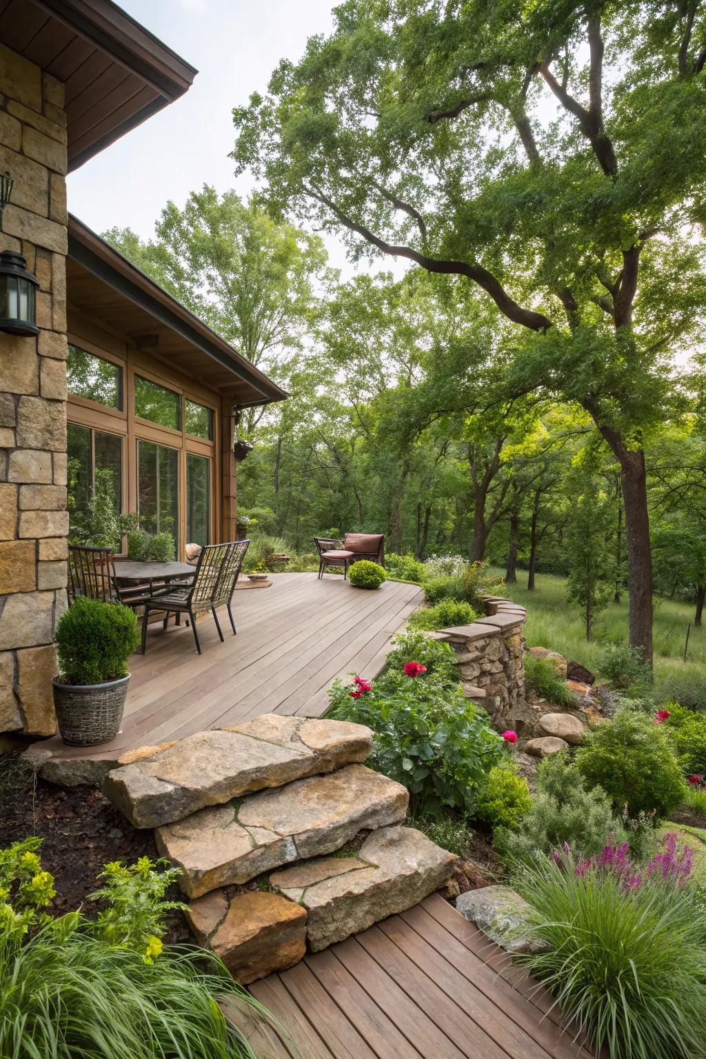 Natural stone accents bring rustic charm and durability to your deck.