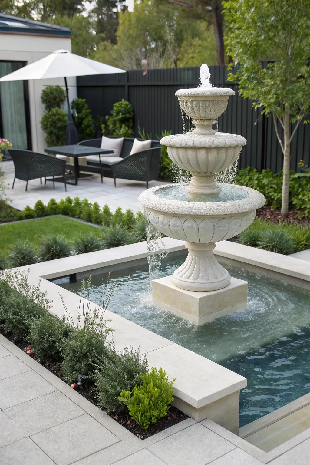 A sculptural art fountain becomes the focal point in a creative garden design.