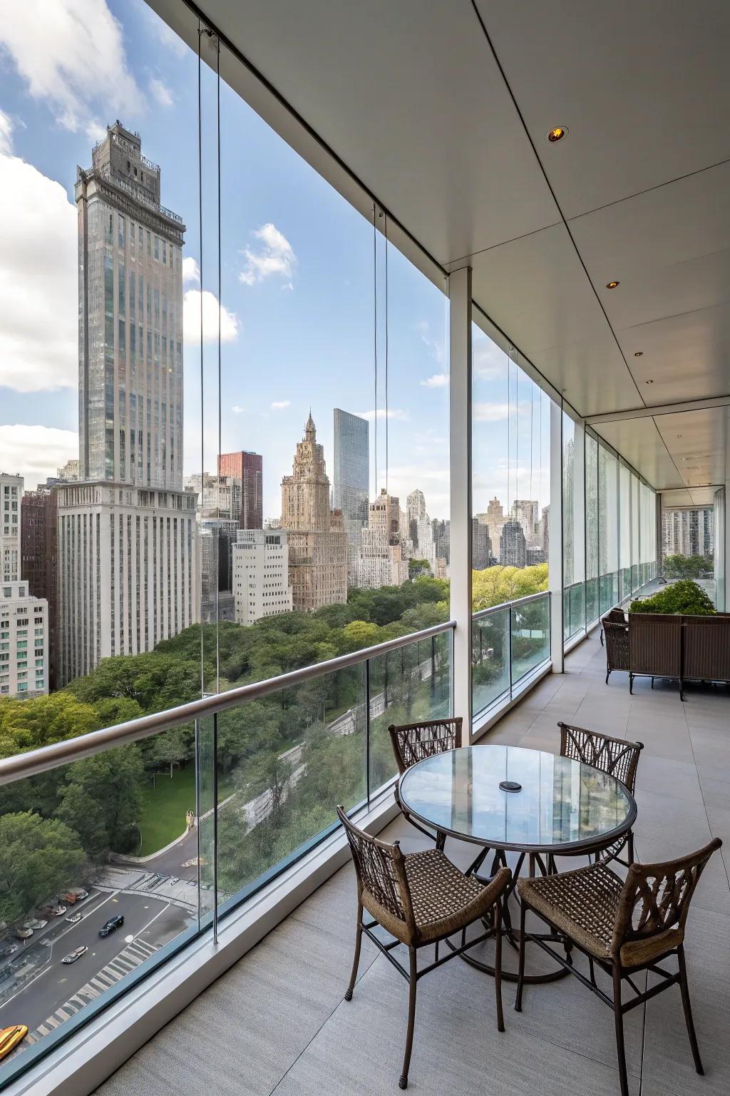 Chic glass panels provide shielding without obstructing the panorama.