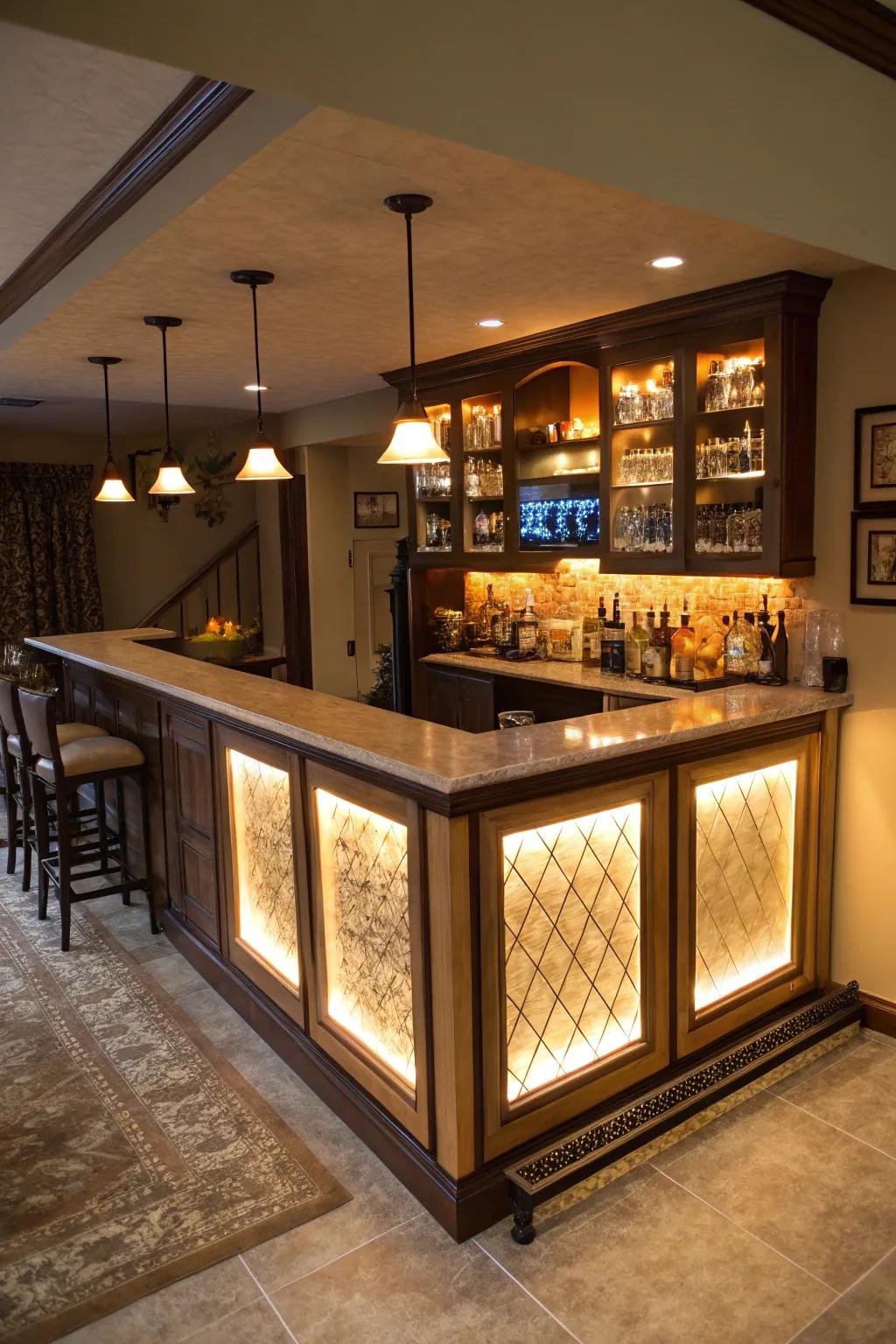 Backlit panels create a dramatic and elegant bar atmosphere.