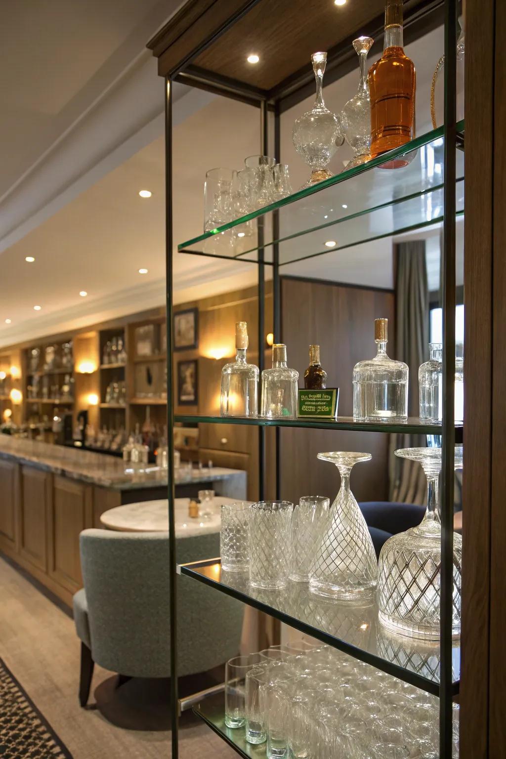 Glass shelves elevate the elegance of your home bar.