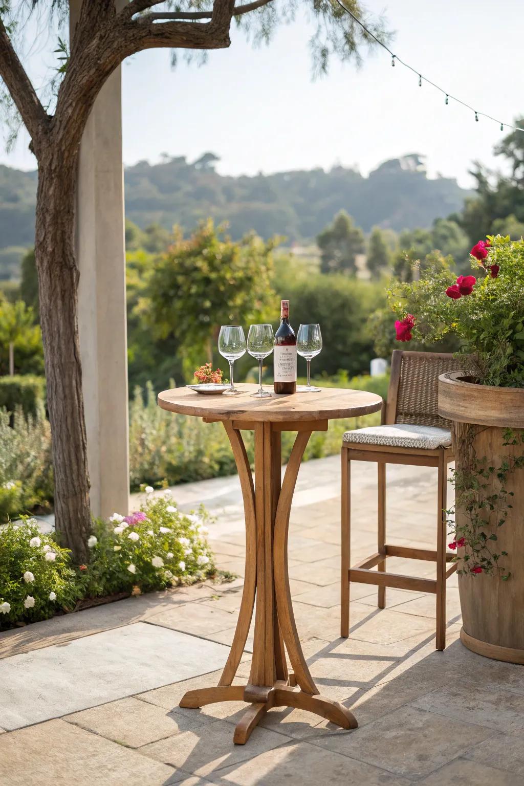 Weather-resistant bar table perfect for outdoor settings.