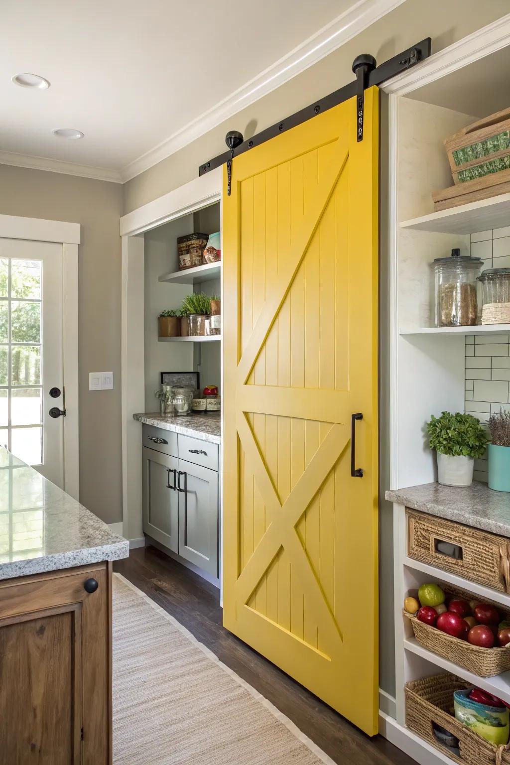 A kitchen with a brightly painted sliding barn door pantry.