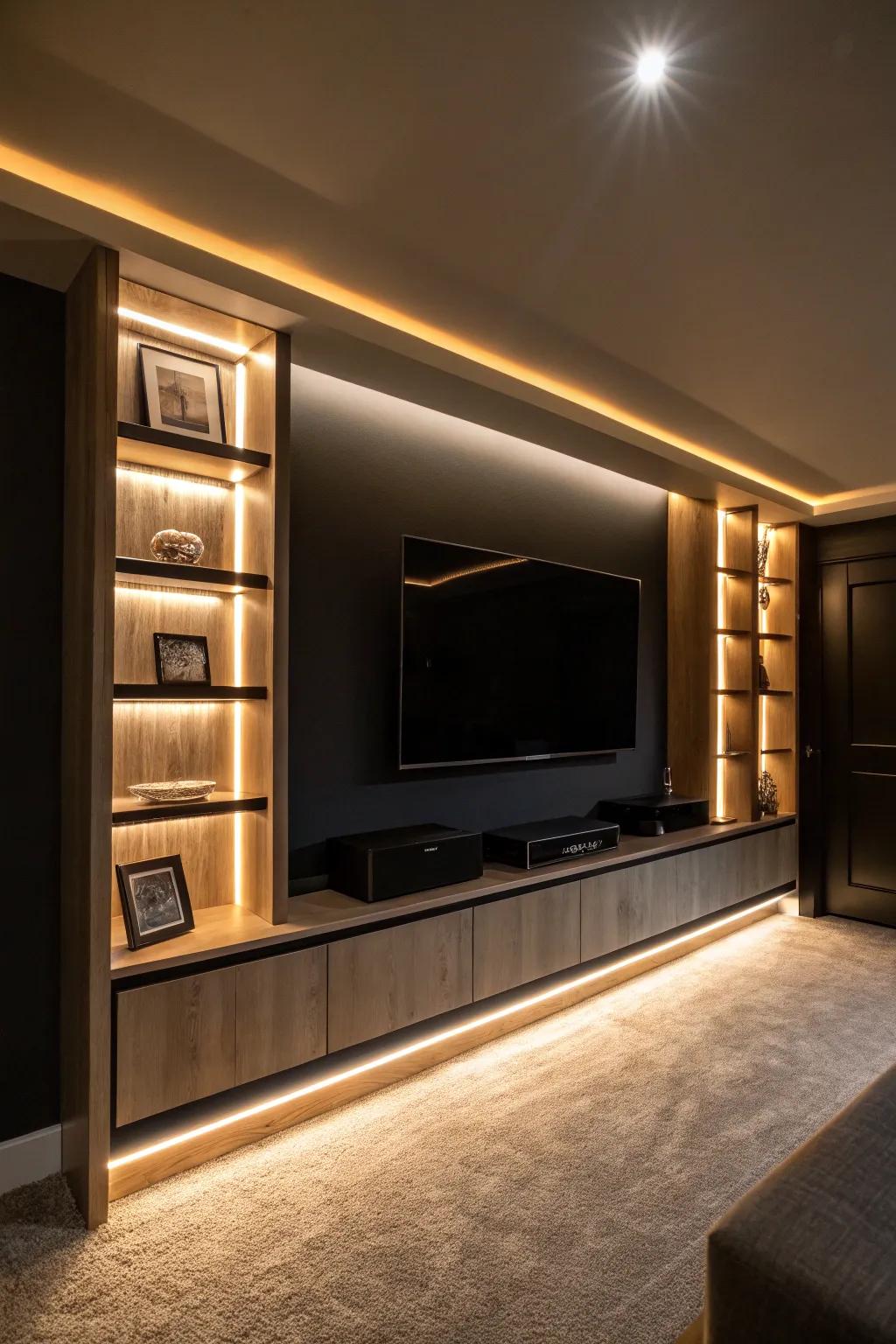 A basement TV wall illuminated with ambient lighting, creating a cozy atmosphere for relaxation.