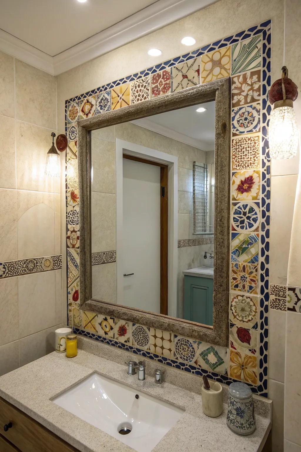 Mosaic trims transform mirrors and vanities into works of art.