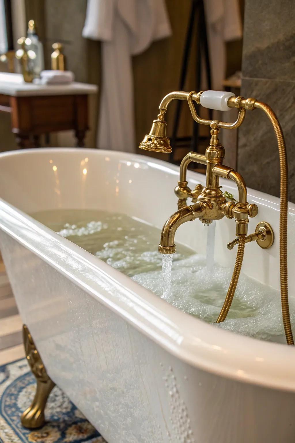 Brass fixtures add a luxurious touch to this bathtub.