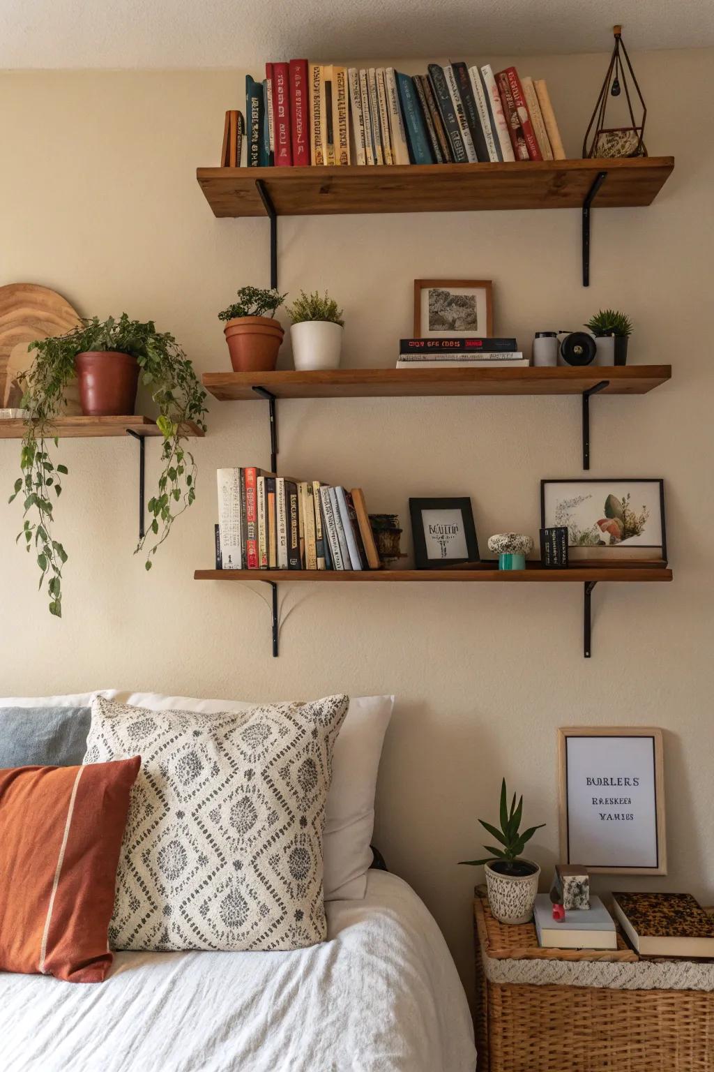 Wall-mounted shelves optimize space with style.