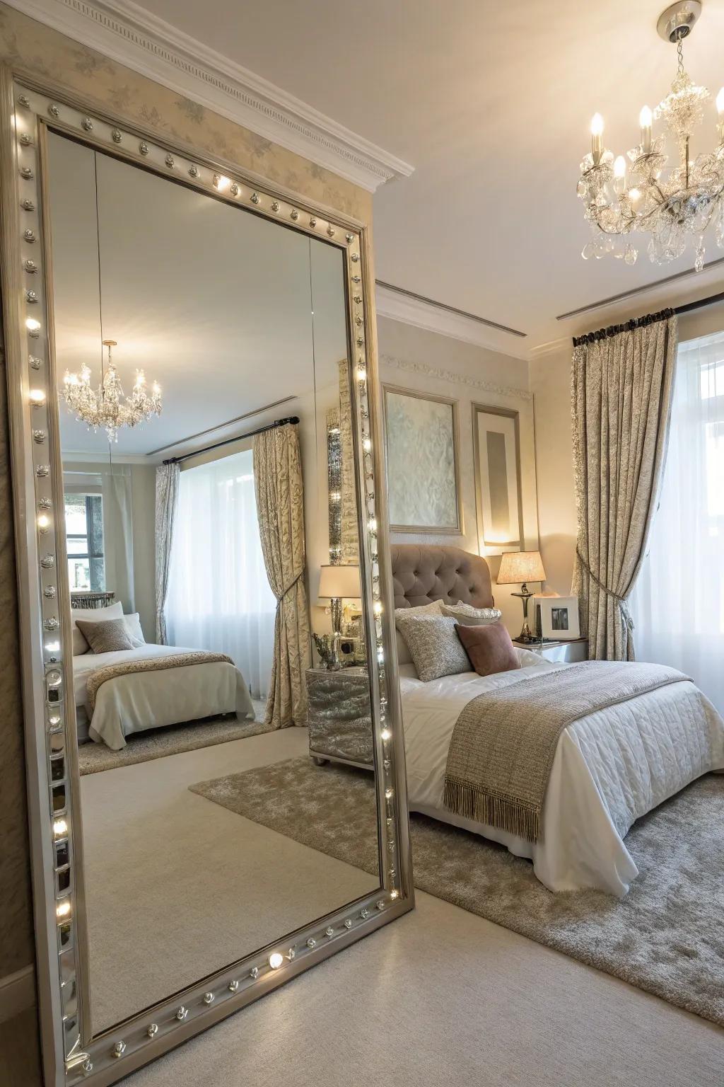 Mirrors may give your bedroom a decorative touch while also brightening it.
