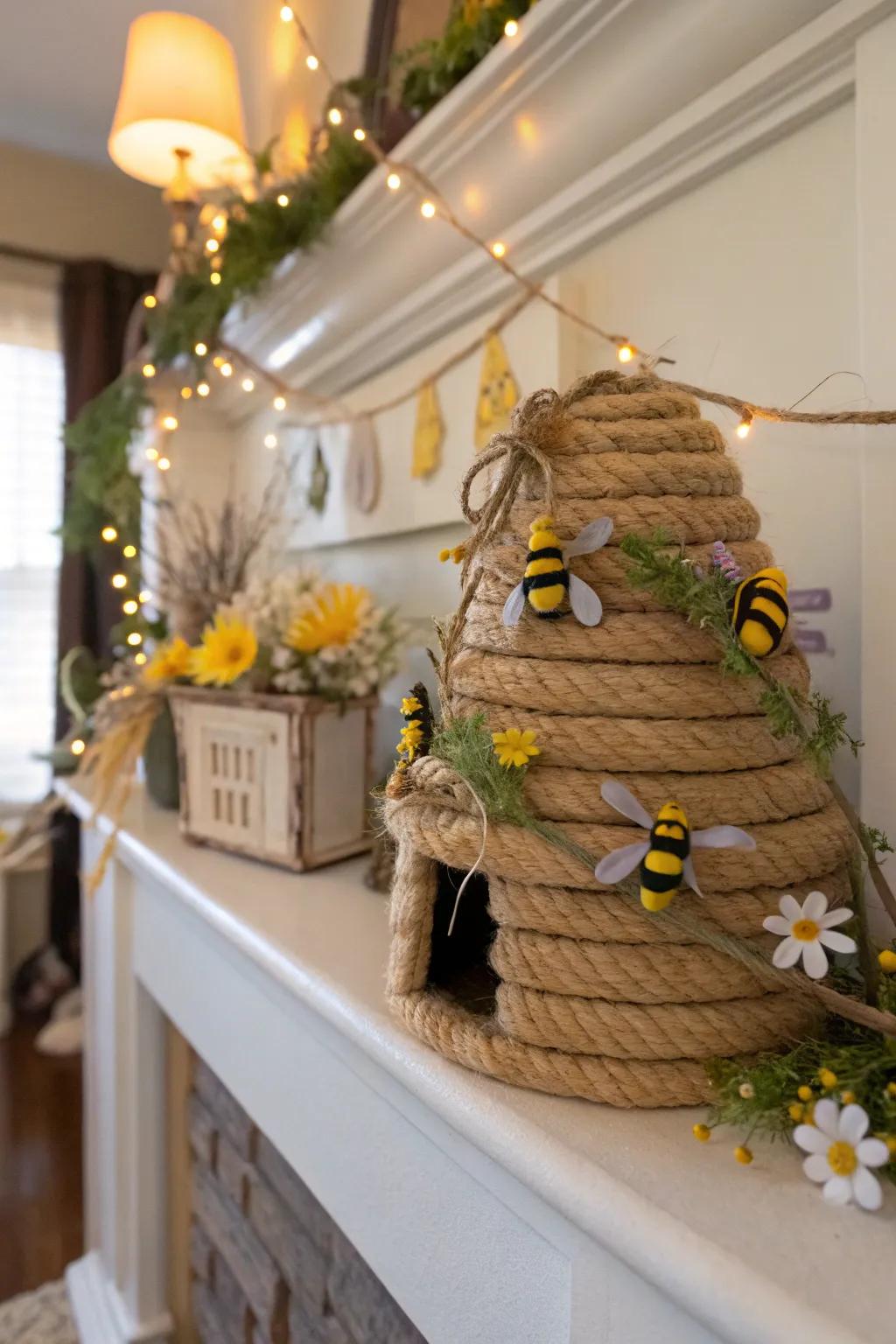 A rustic basket hive adds charm to any mantel.