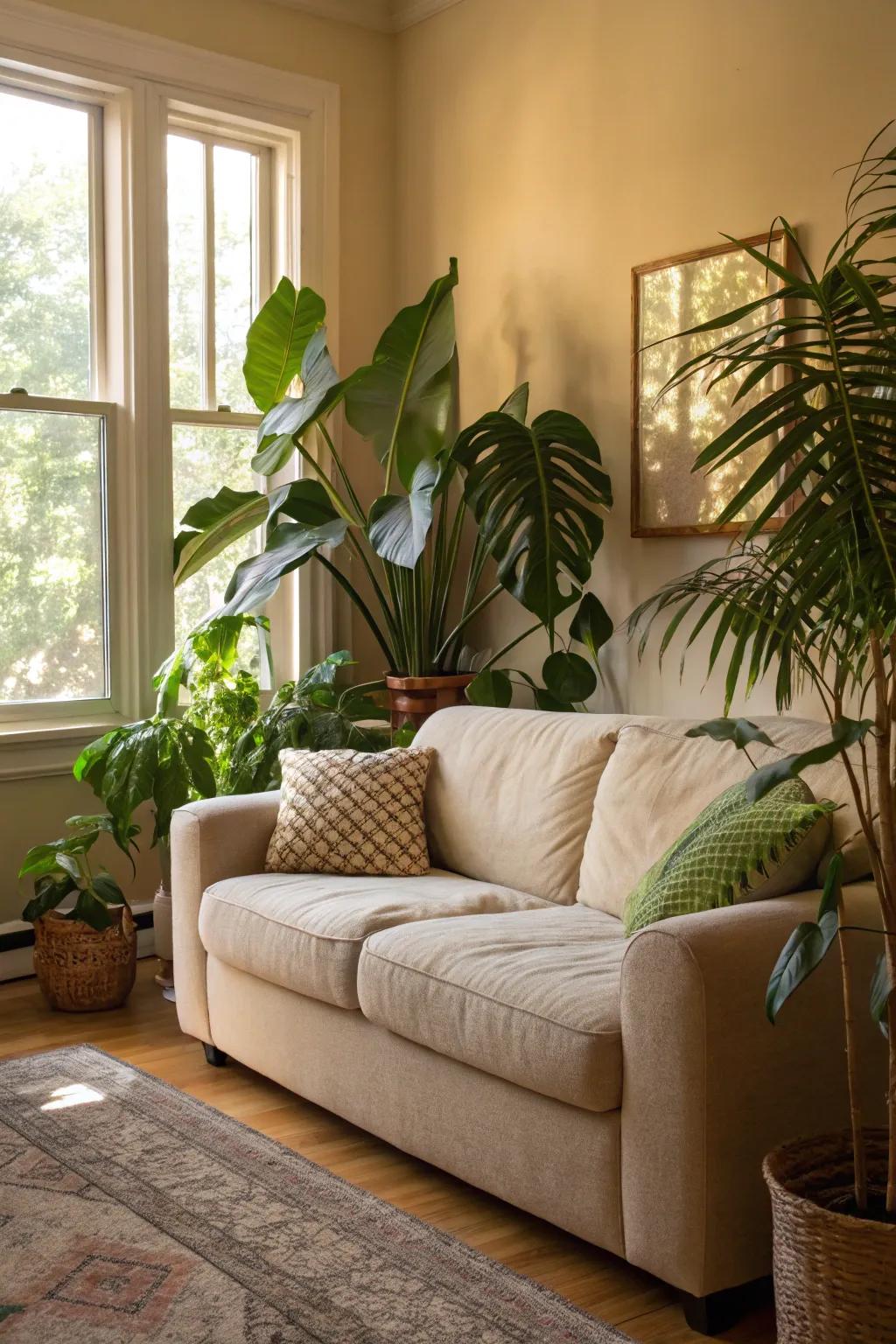 A refreshing living room with a beige couch and vibrant greenery.