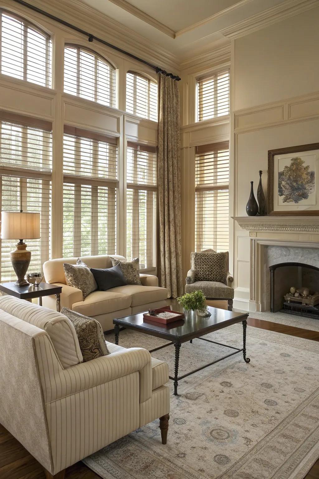 Coordinated blinds that enhance living room elegance.