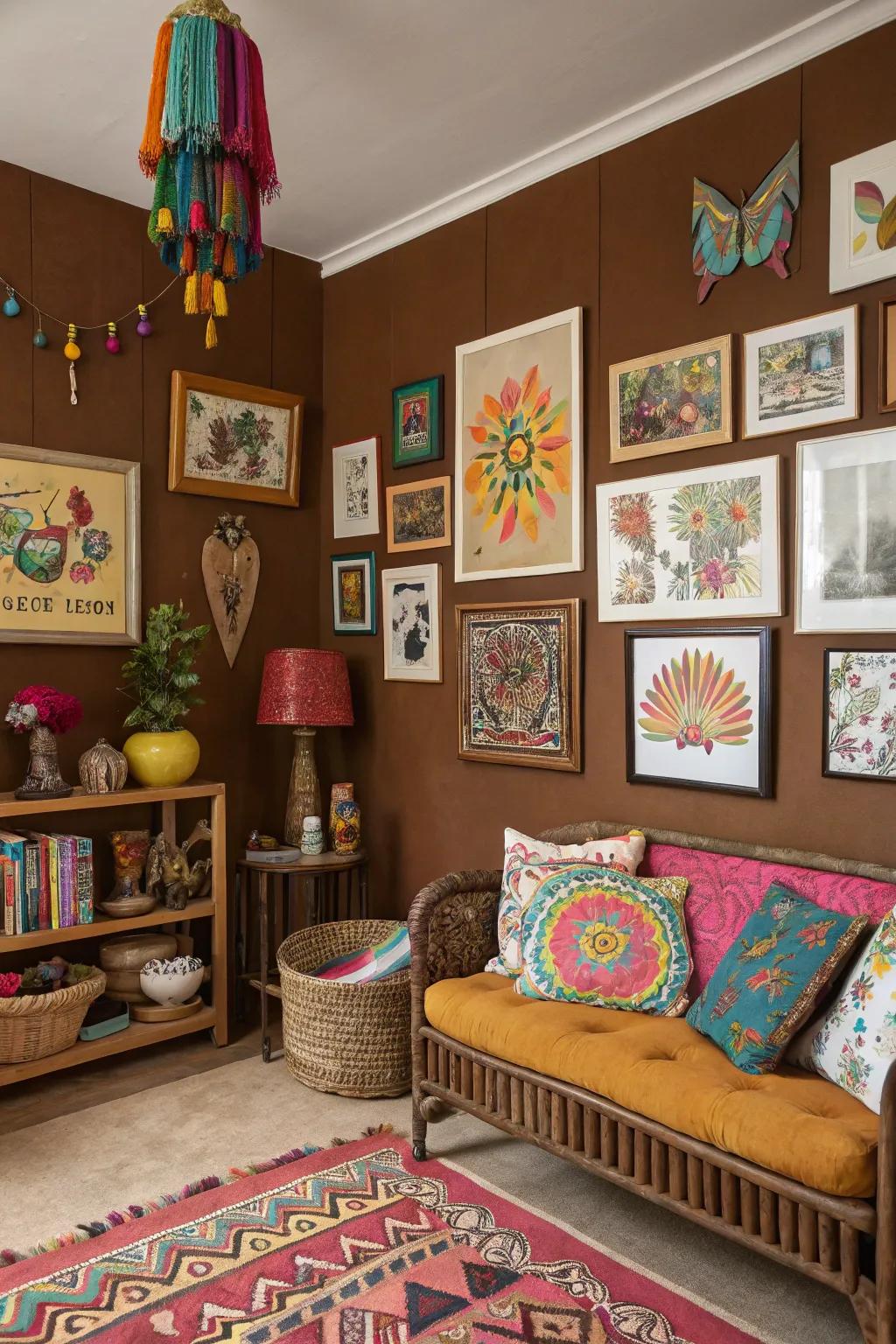 A creative haven featuring brown walls that amplify vibrant artworks.
