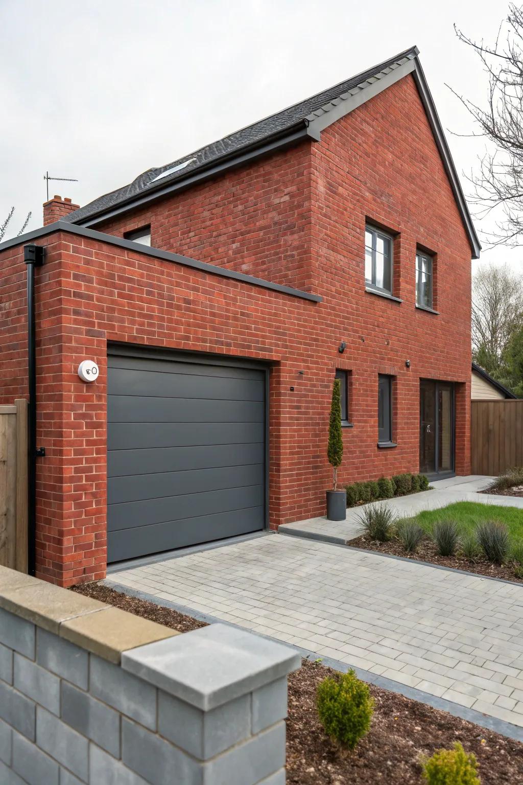 Deep gray garage doors bring a modern touch to red brick houses.