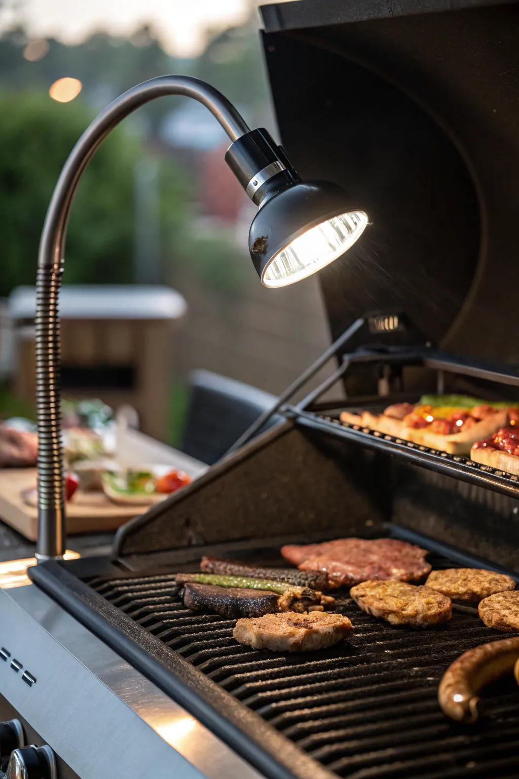 Gooseneck lights offer adjustable lighting for precise grilling.