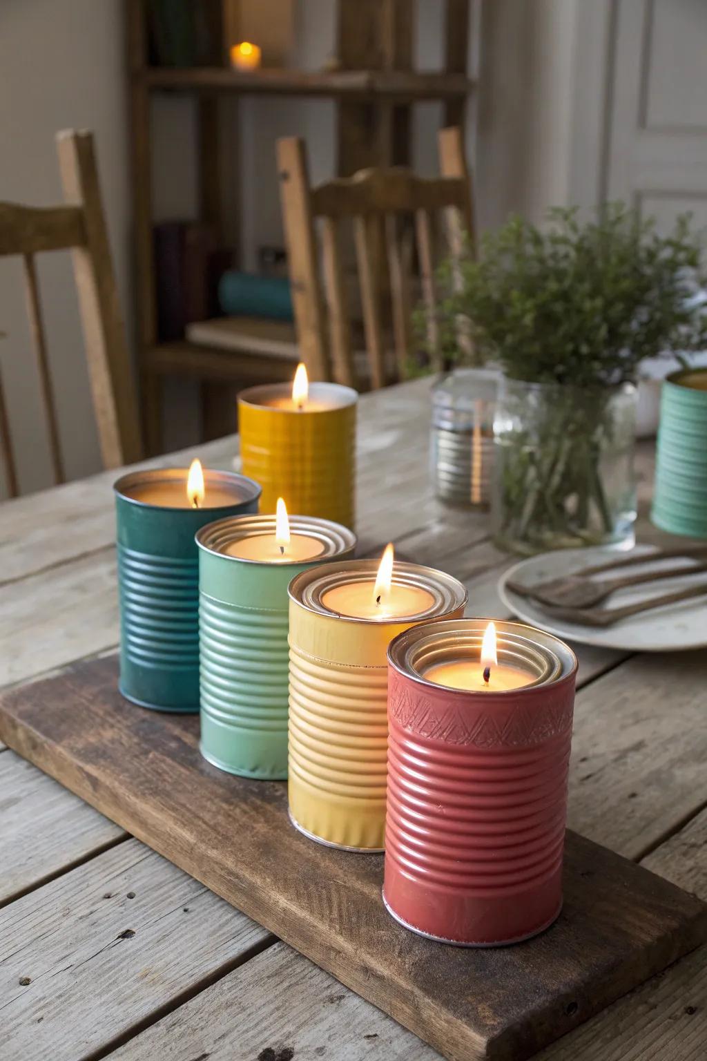 Add rustic charm with tin can candle holders.