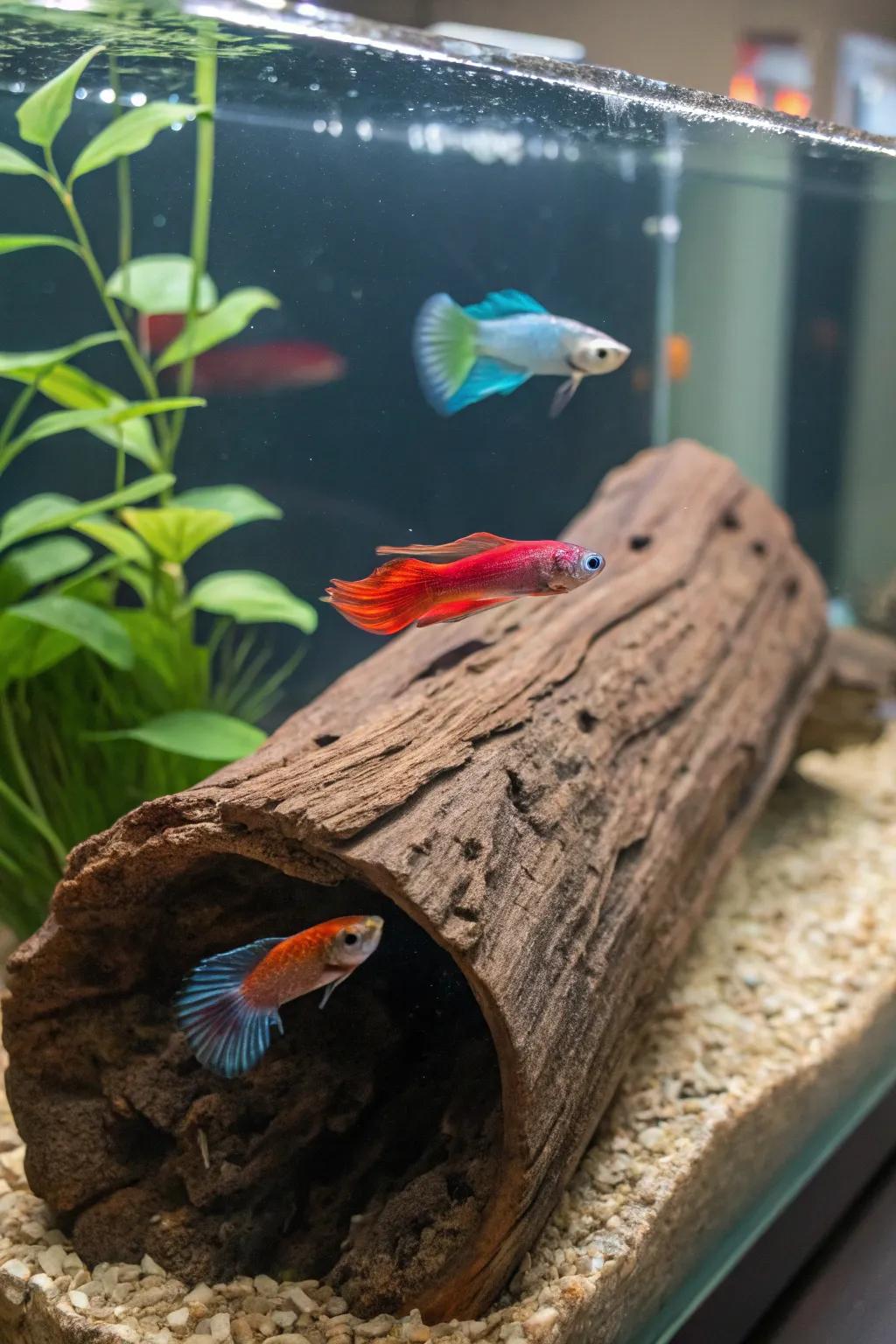 Floating logs provide a versatile lounging area for bettas.