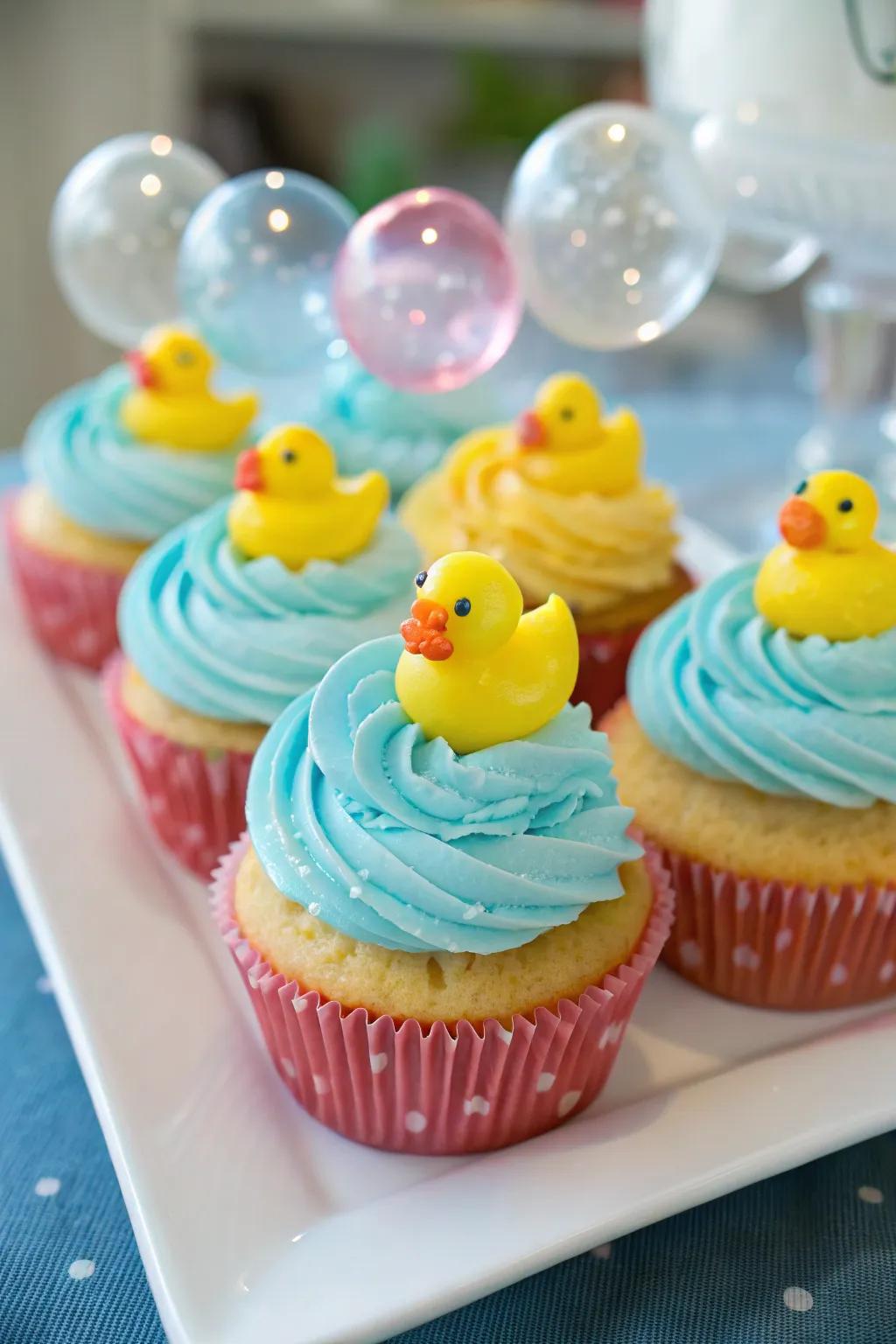 Whimsical duck and bubble cupcakes.