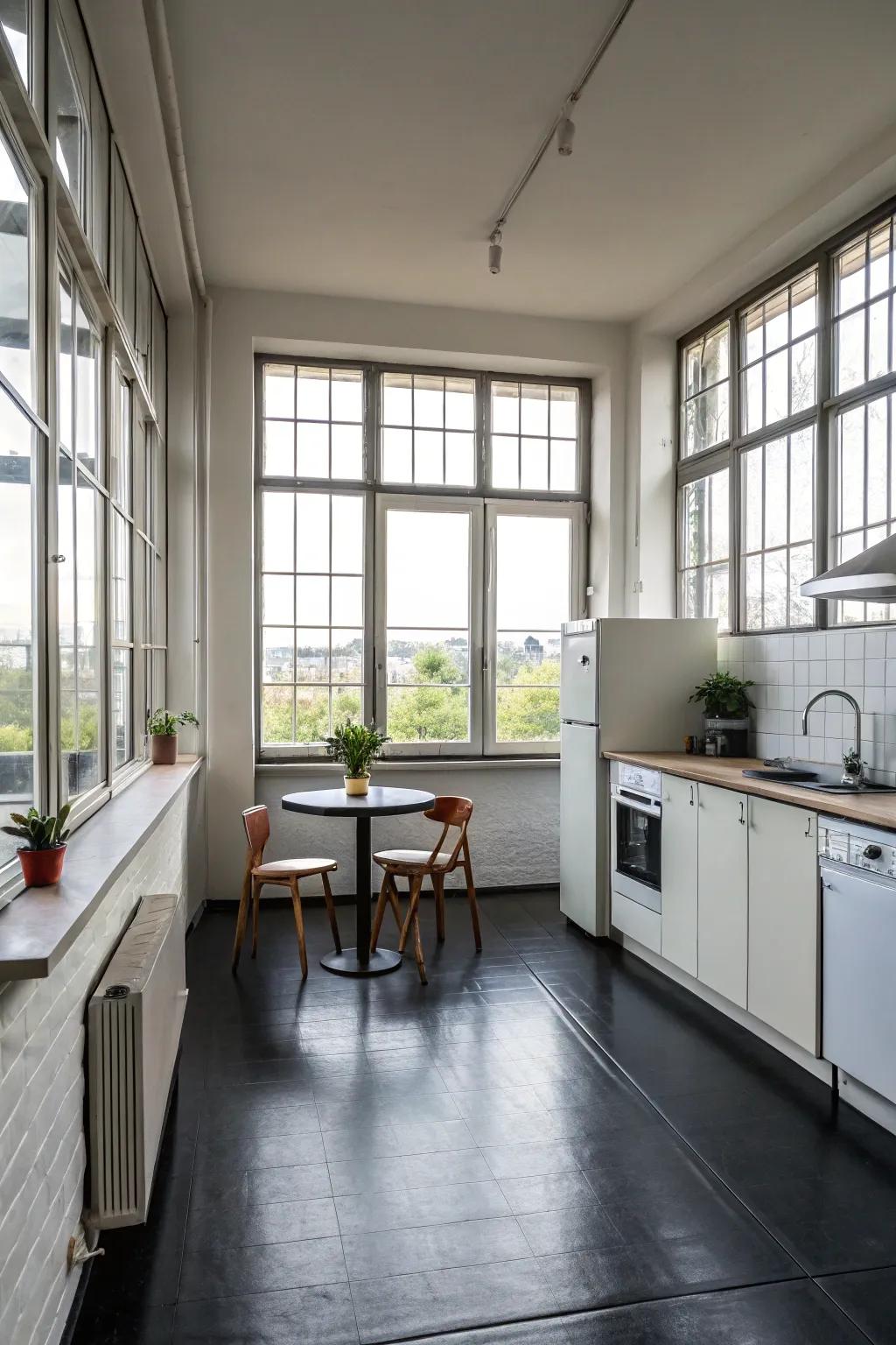 A minimalist kitchen with black flooring that emphasizes simplicity and elegance.