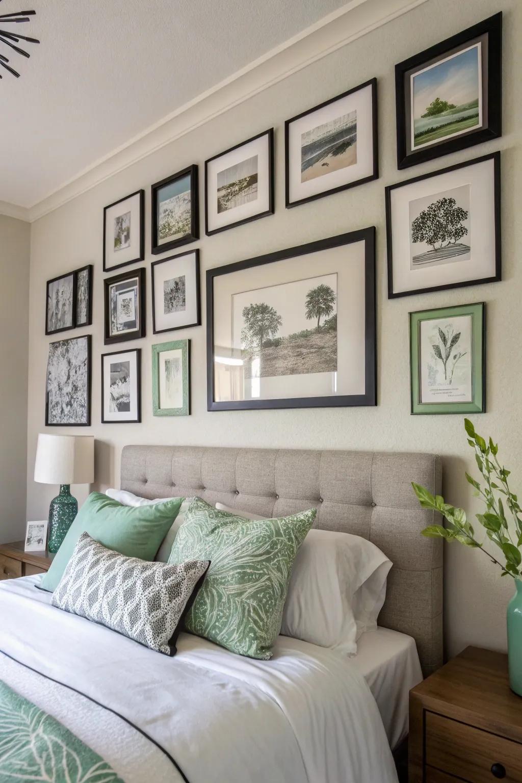 Black and white art with green elements to enhance the room's theme.