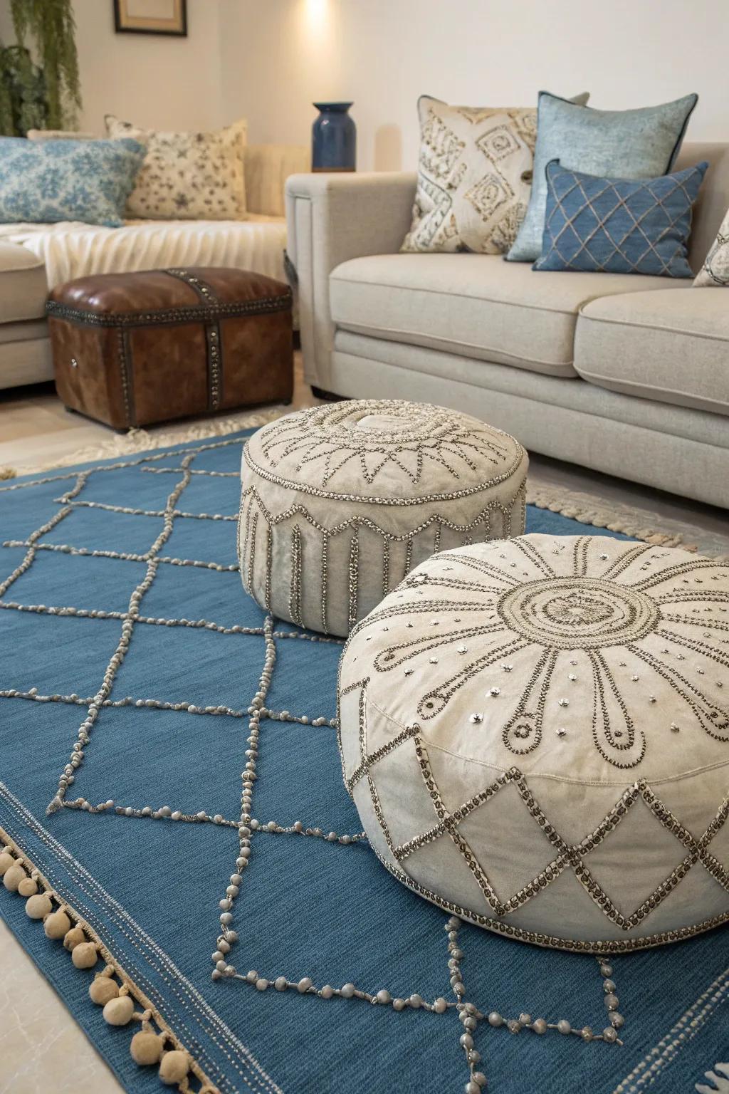 Layered textiles in blue and silver bring warmth and depth to this cozy living room.