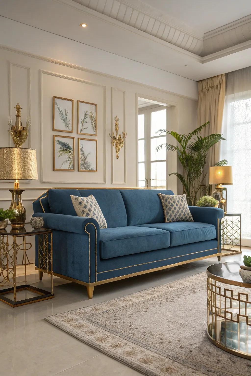 Metallic accents add a luxurious touch to a blue sofa.