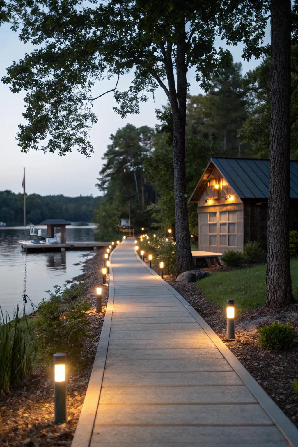 Pathway lights guide the way to the boat house, ensuring safety and elegance.