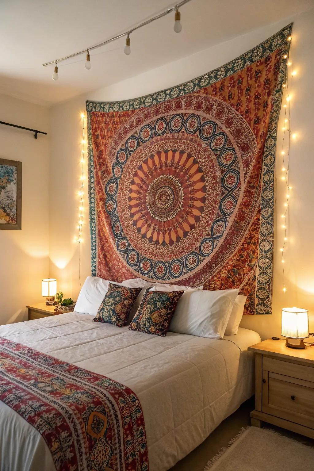 A tapestry headboard infuses this bohemian escape with color and texture.