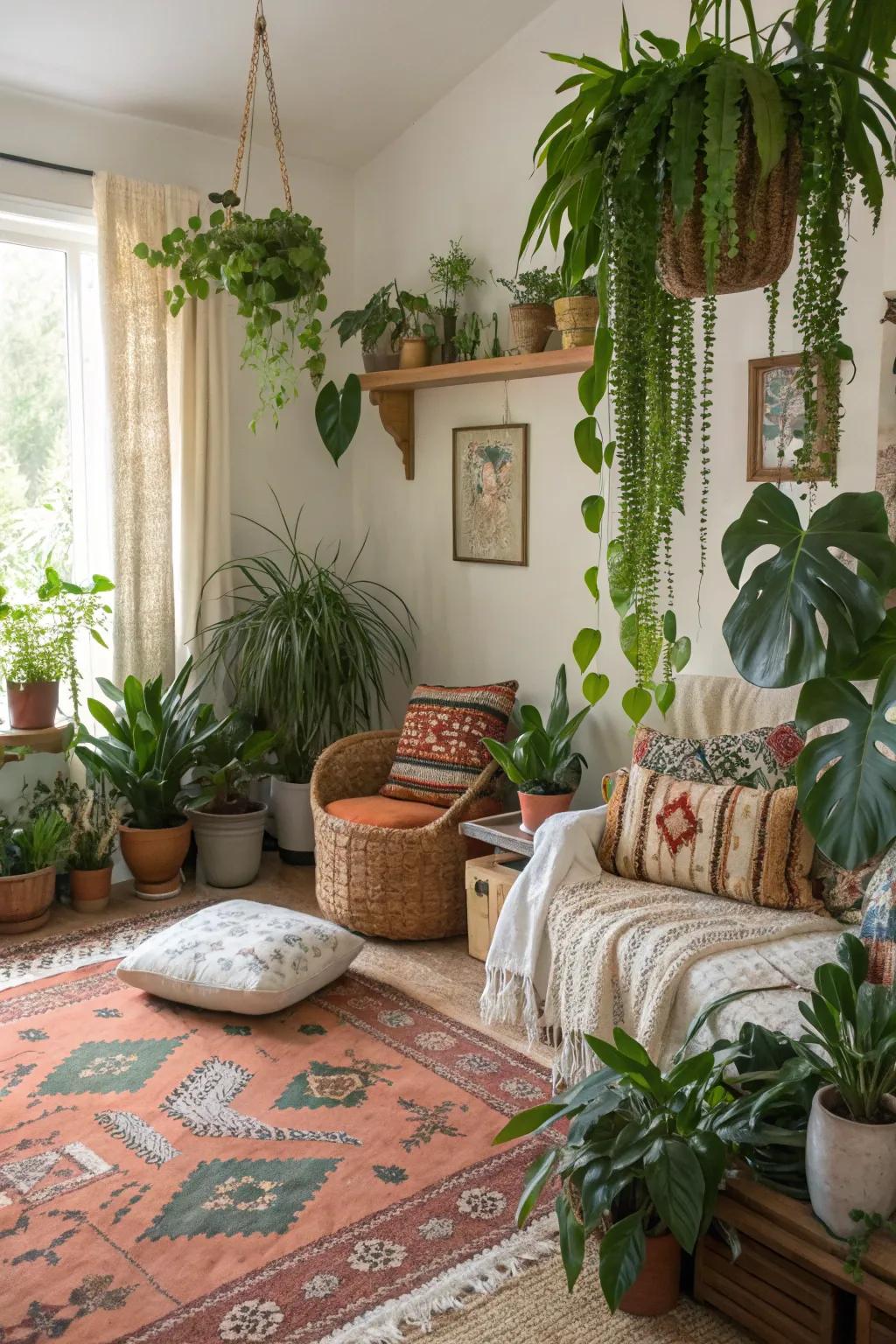 Greenery breathes life into a bohemian setting.