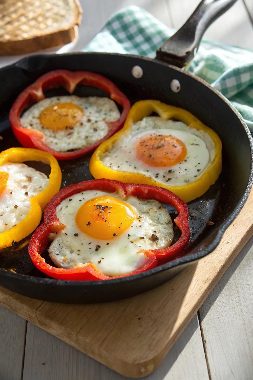 Eggs cooked inside bell pepper rings create a cheerful and vibrant breakfast.